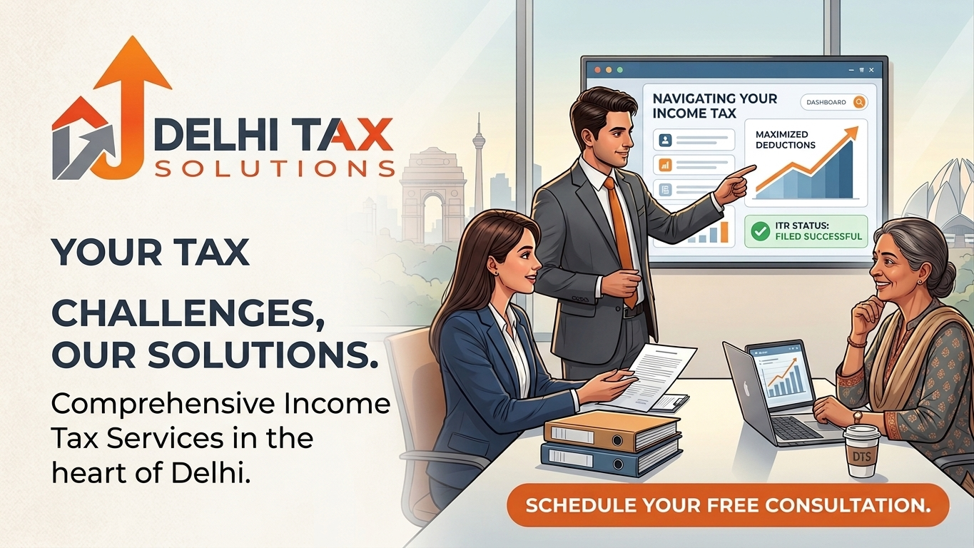 Professional tax consultants at Delhi Tax Solutions assisting a client with ITR filing and tax planning for the 2026-27 Tax Year.