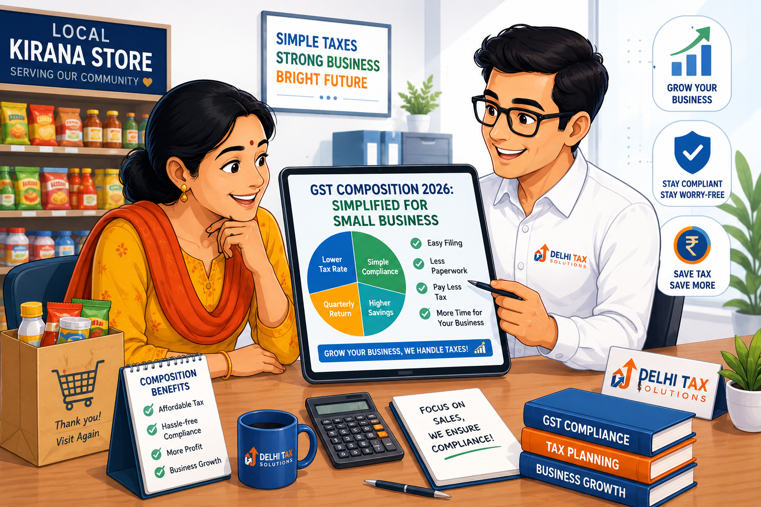 Friendly cartoon illustration of a small business owner understanding GST composition scheme eligibility on a tablet provided by a Delhi Tax Solutions advisor in a modern office setting.