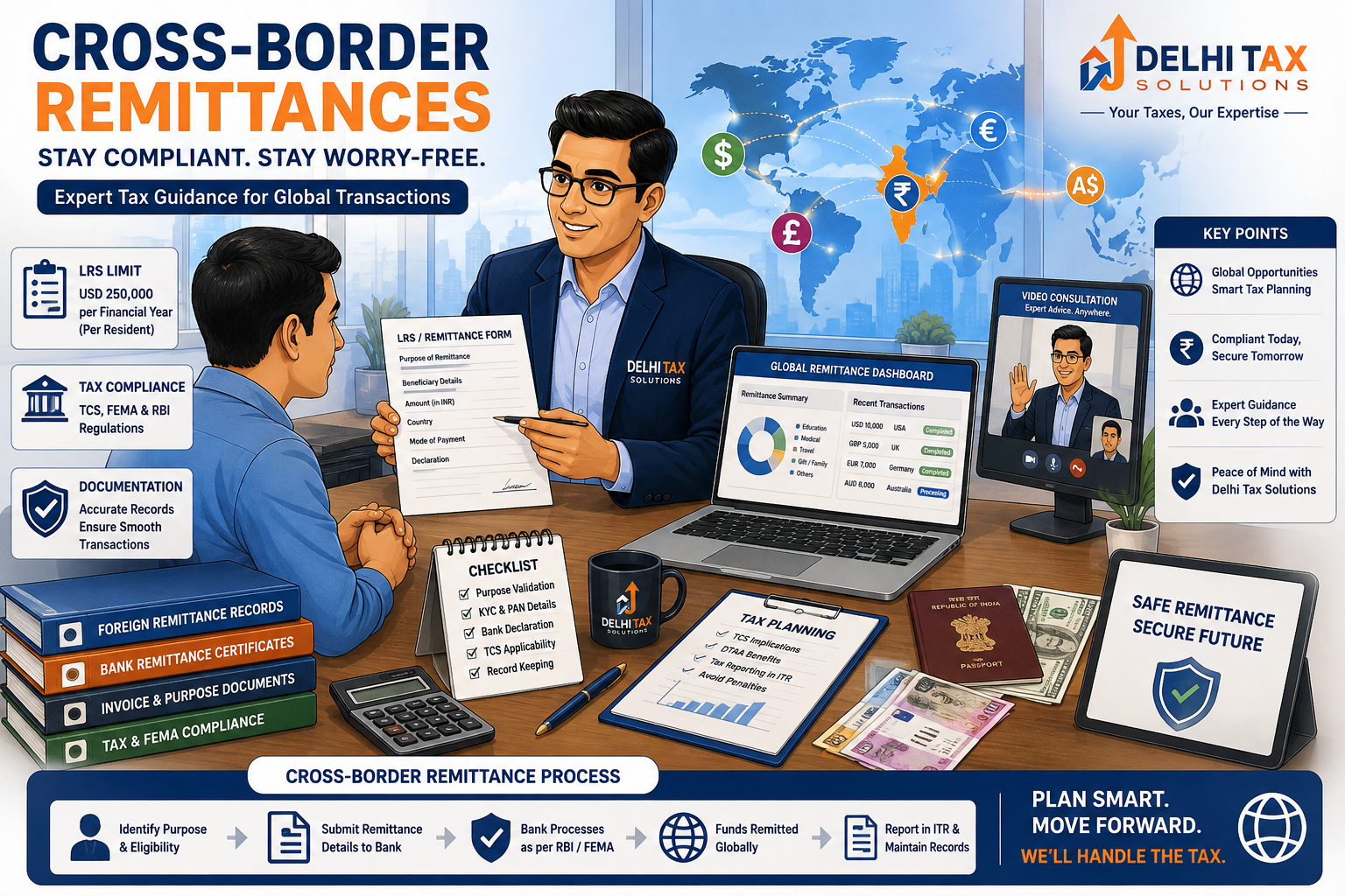 Cartoon illustration of a professional managing international tax remittances and compliance documents.