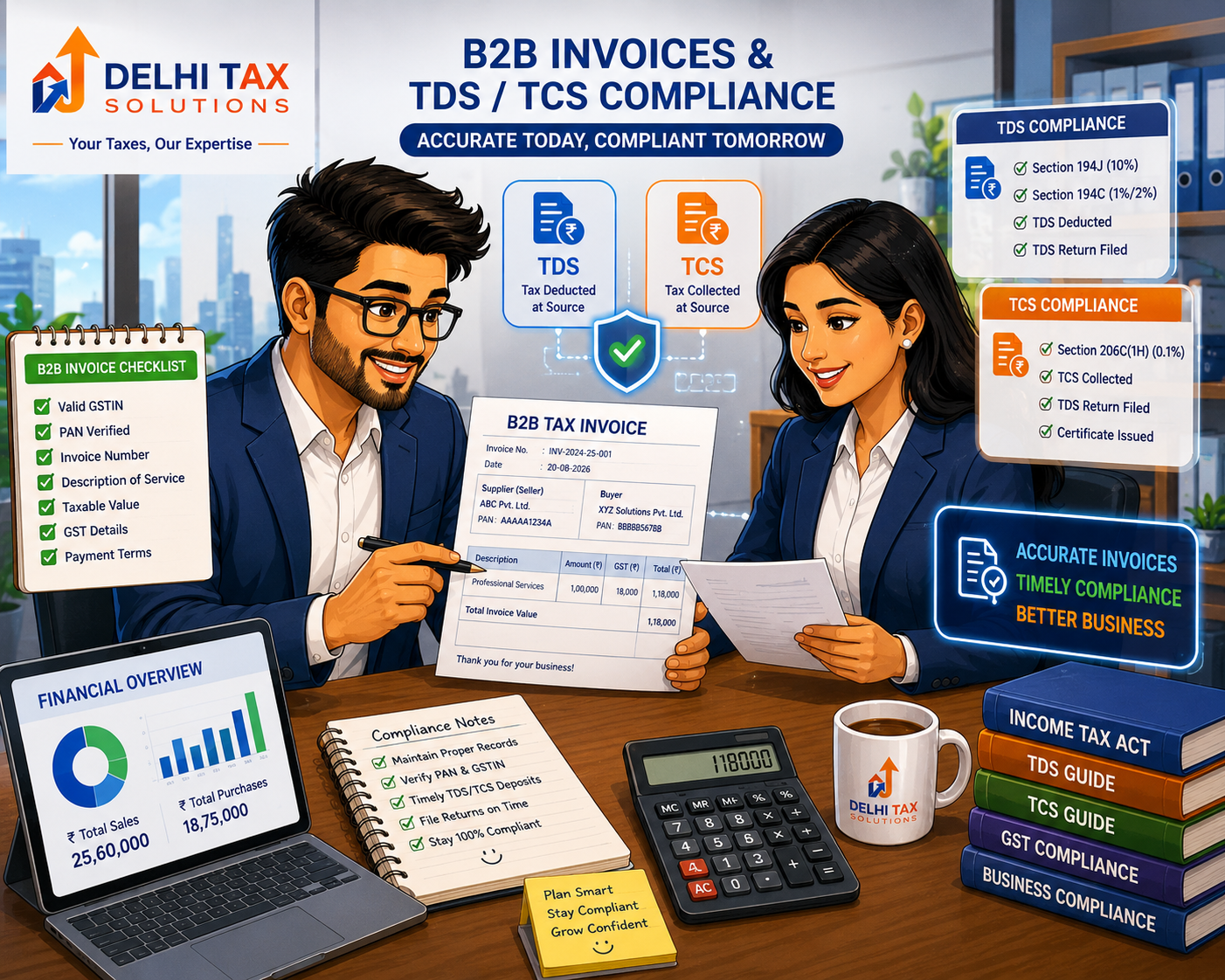 Cartoon illustration of Indian business professionals analyzing Section 194Q and Section 206C(1H) corporate tax compliance.