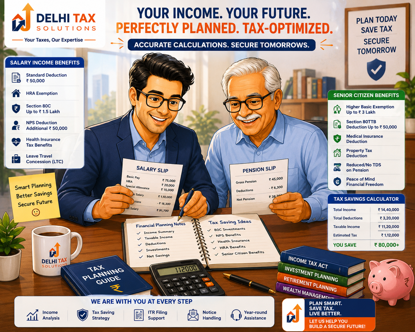 Cartoon illustration of an Indian salaried professional and pensioner reviewing standard deduction benefits and payslips.