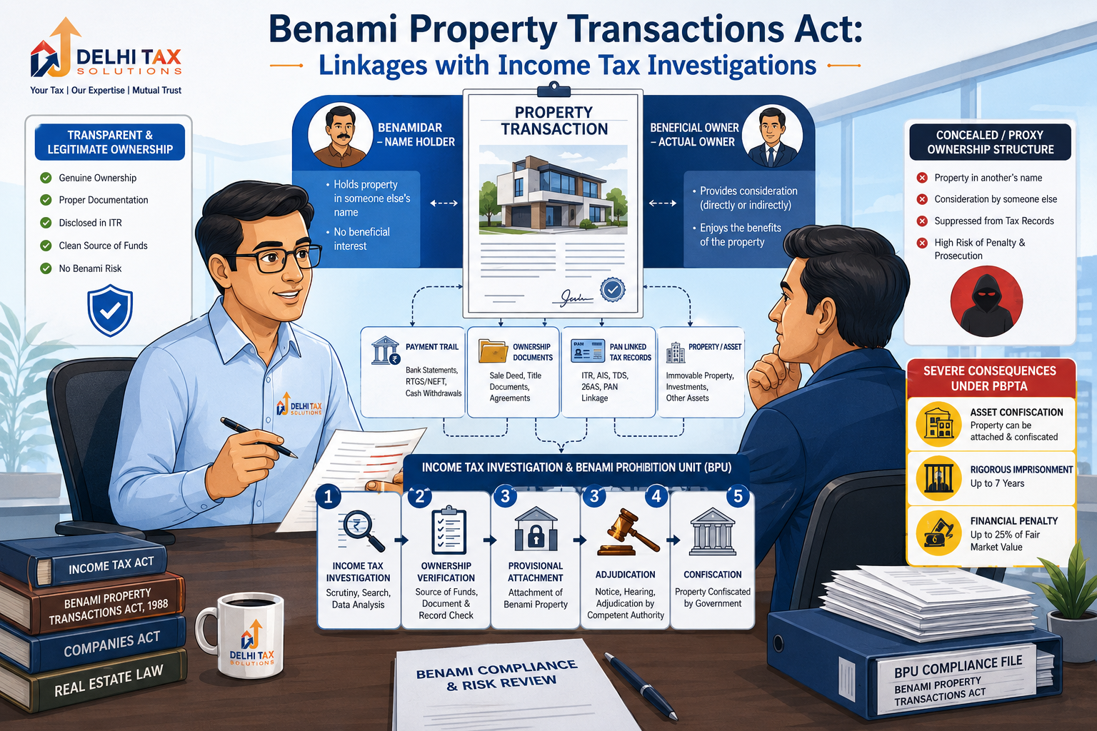 CA explaining Benami Property Transactions Act, beneficial ownership, property attachment, and Income Tax investigation