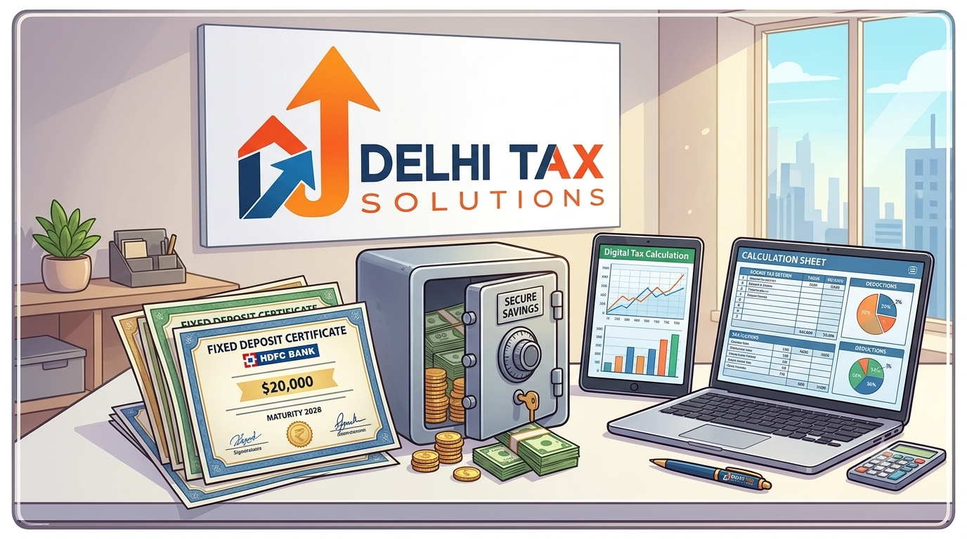 Cartoon illustration of fixed deposit certificates and tax calculation documents.