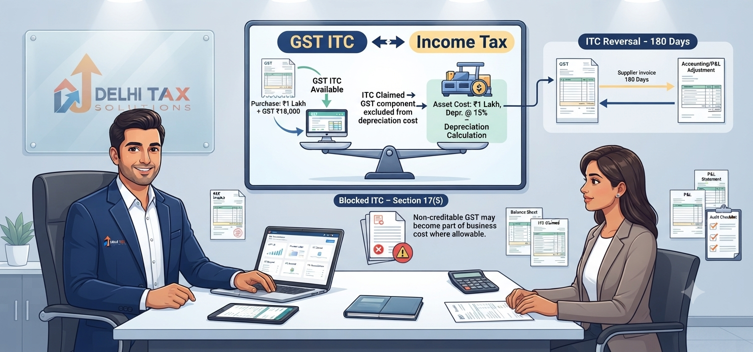 CA explaining GST Input Tax Credit, depreciation, blocked ITC and ITC reversal under Income Tax rules