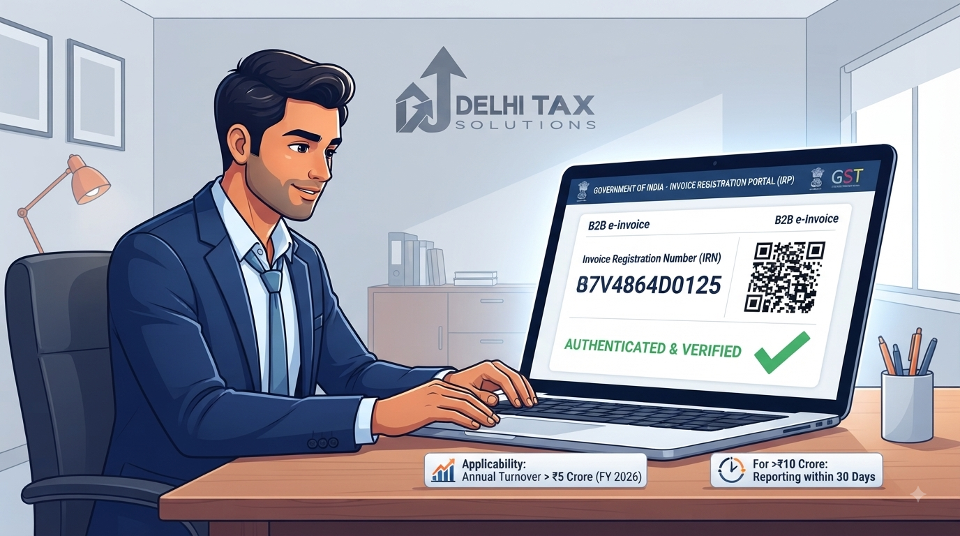 GST e-invoicing applicability 2026 showing ₹5 crore turnover limit, IRN generation, QR code and GST compliance