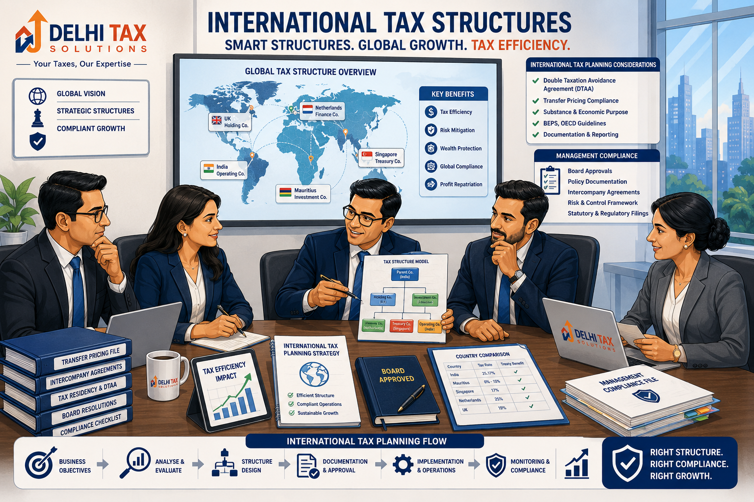 Cartoon illustration of corporate executives reviewing POEM rules and international tax structures.