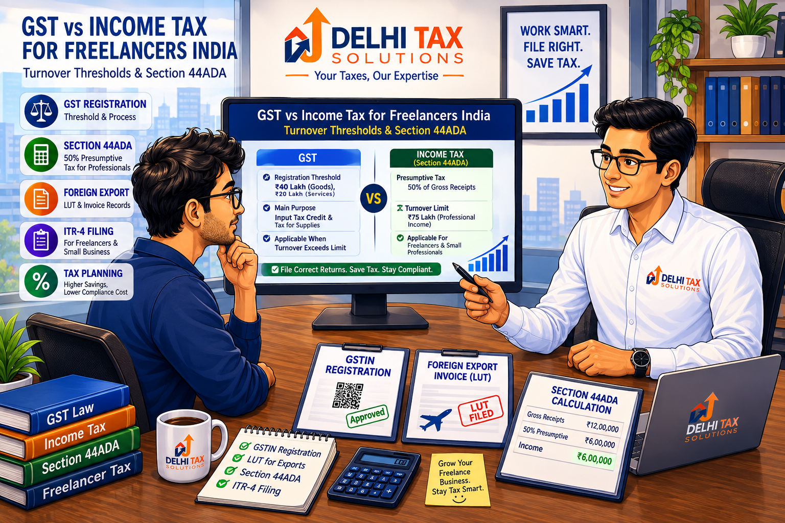 Cartoon illustration of an Indian freelance professional consulting a Delhi Tax Solutions advisor about GST vs income tax, Section 44ADA, and export rules.