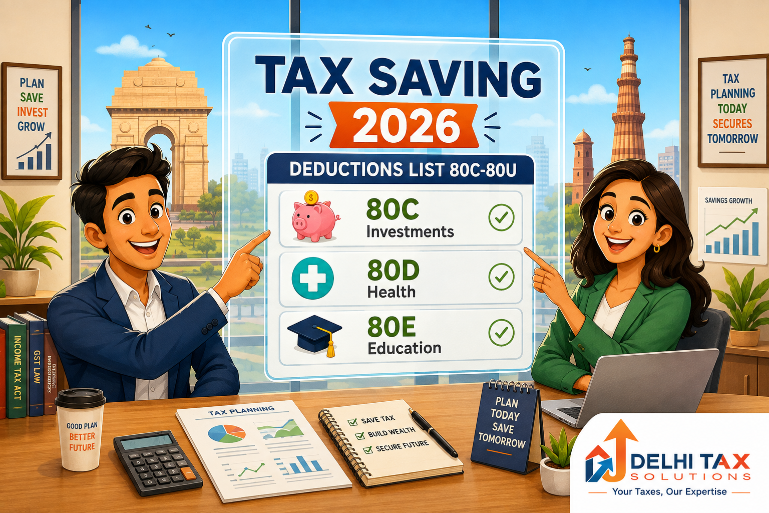 Professional cartoon accountants in a Delhi office reviewing a digital tax deduction chart covering Sections 80C to 80U for the year 2026.