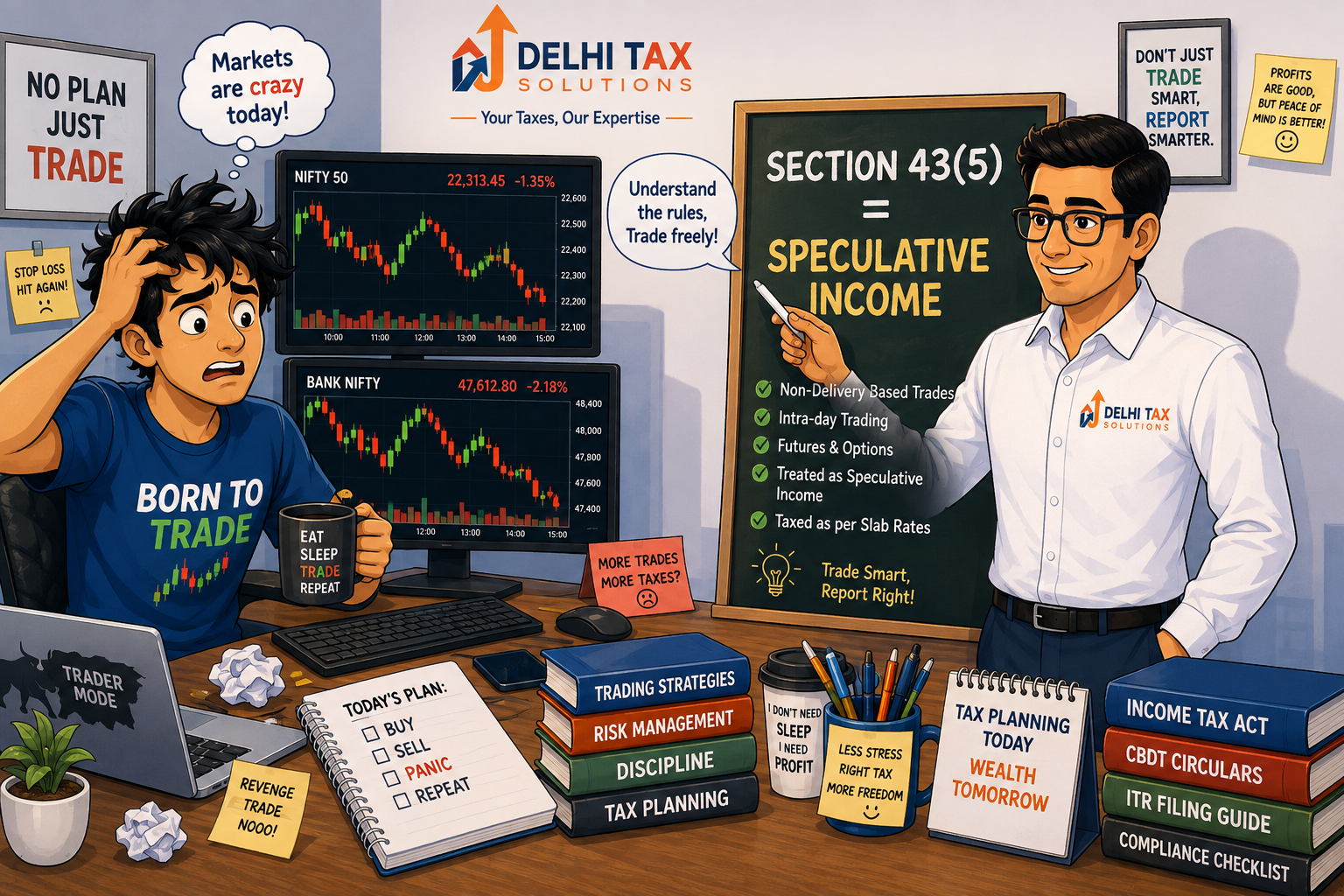 Cartoon illustration of an Indian day trader consulting a Delhi Tax Solutions advisor about intraday trading tax rules, Section 43(5), and ITR-3.
