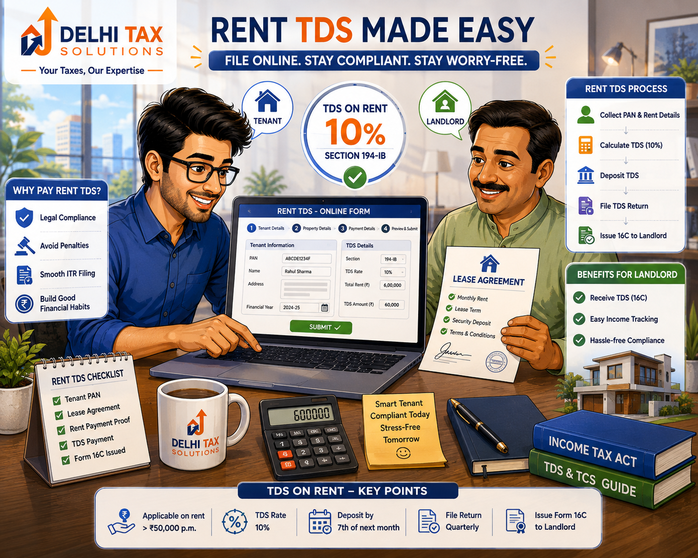 Cartoon illustration of an Indian tenant filing Section 194-IB TDS on rent using Form 26QC.
