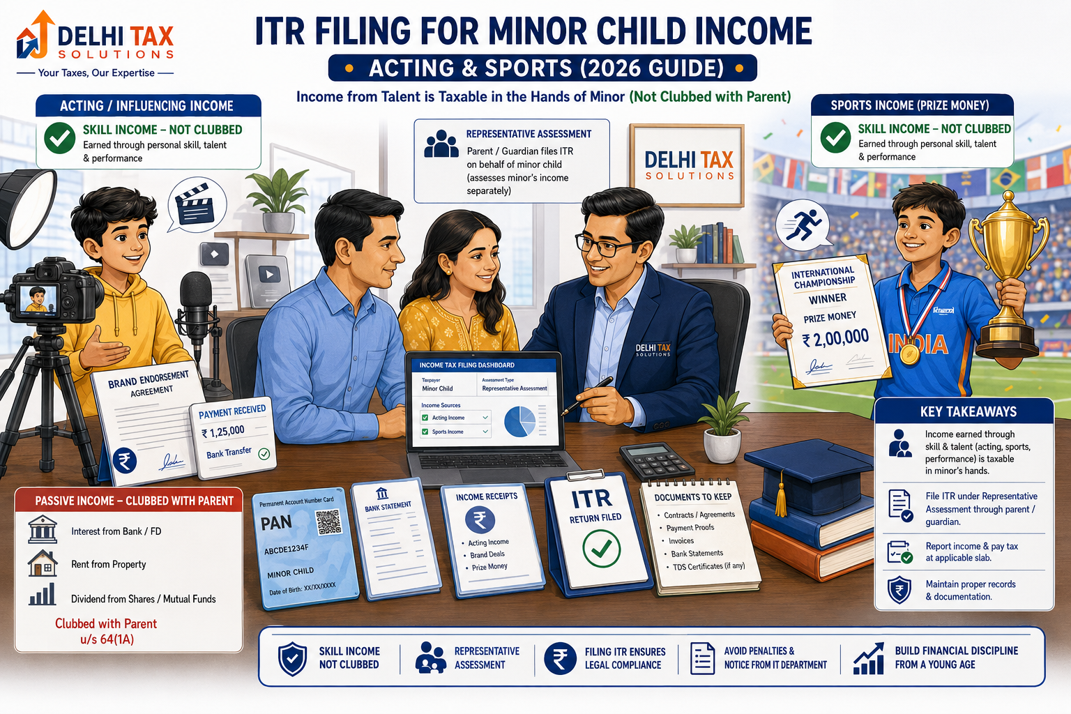 Delhi Tax Solutions illustration explaining ITR filing and taxation of minor child income from acting, sports, and personal skills in 2026