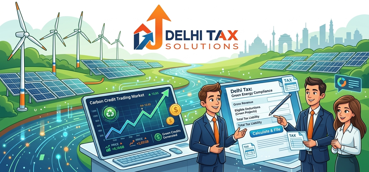Cartoon illustration of green energy assets and carbon credit tax compliance documents.