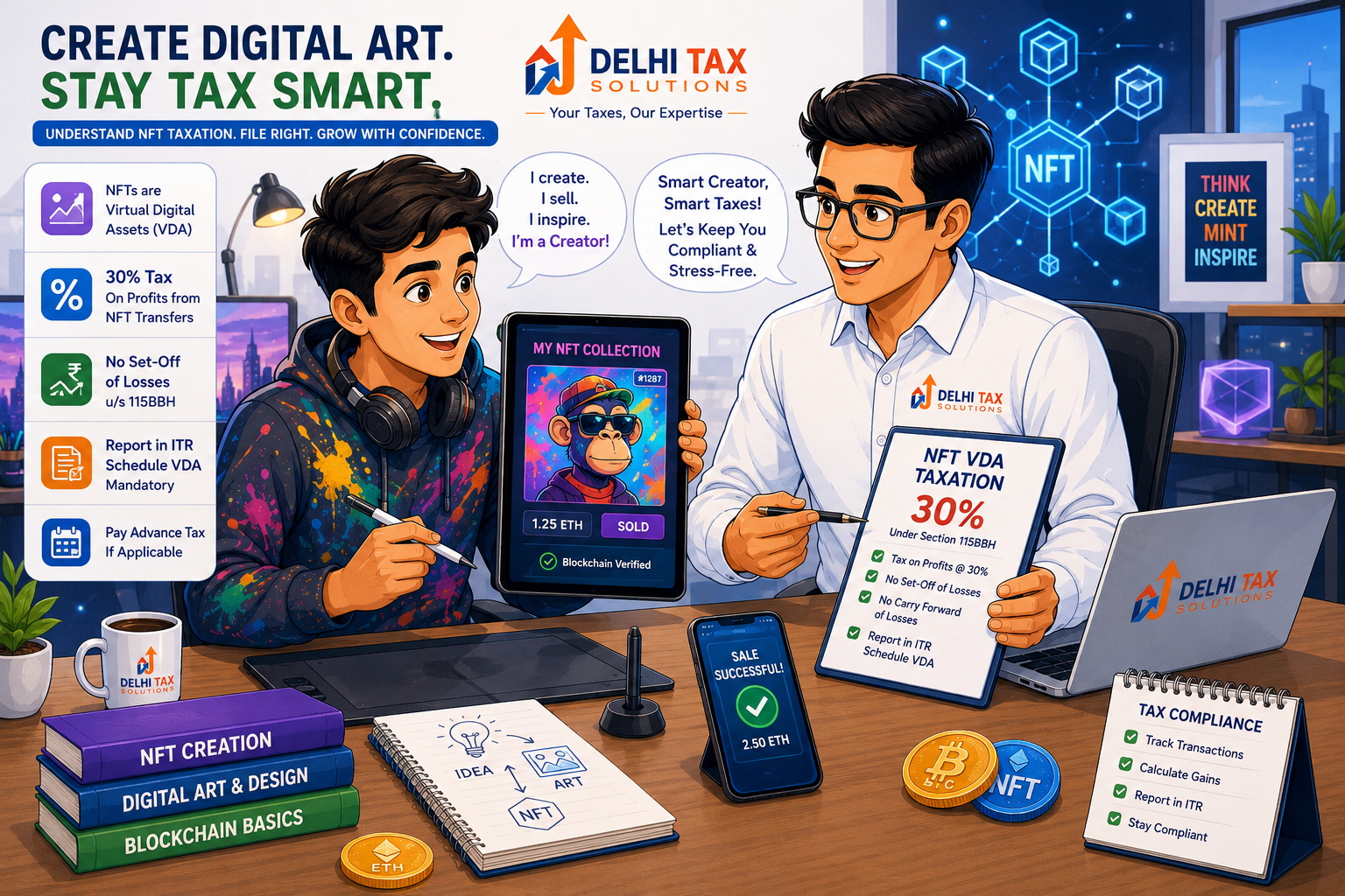 Cartoon illustration of an NFT creator and a Delhi Tax Solutions advisor reviewing digital asset tax rules on a tablet in a modern studio.