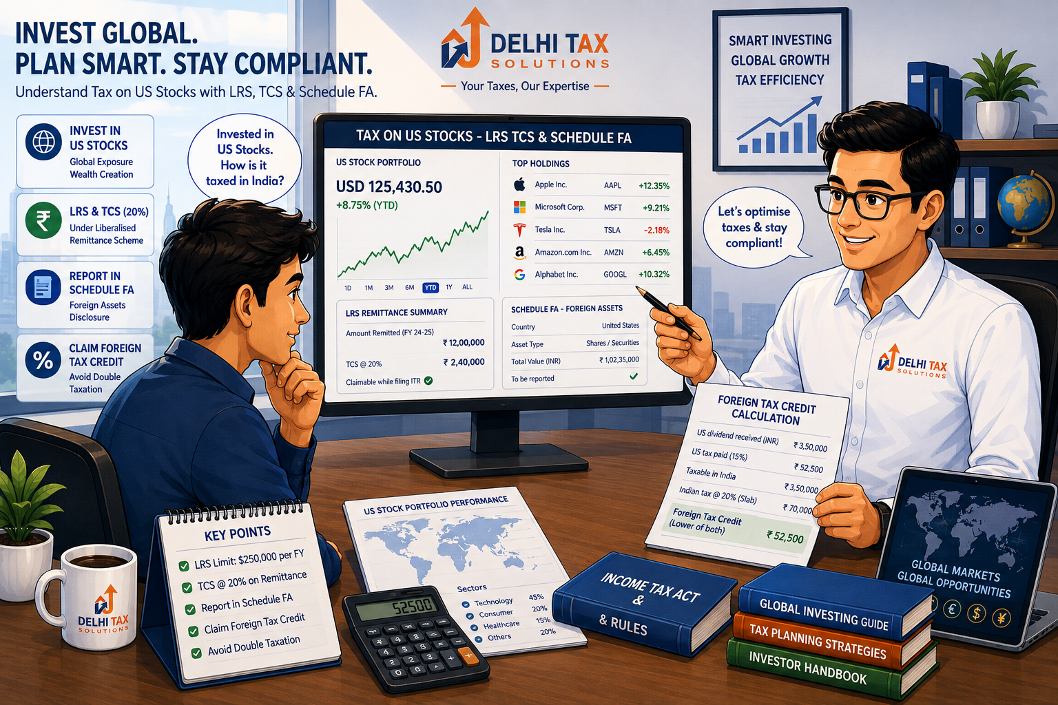 Cartoon illustration of an Indian investor consulting a Delhi Tax Solutions advisor about US stock taxation, LRS TCS, and Schedule FA reporting.