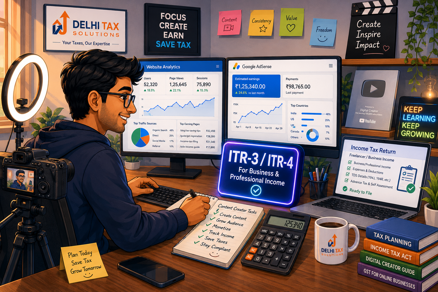 Cartoon illustration of an Indian blogger reviewing digital ad revenues and tax filing forms on a computer.