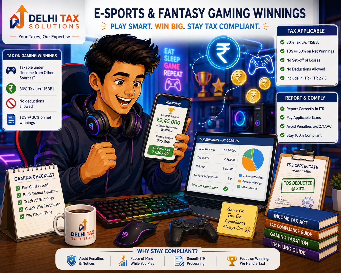 Cartoon illustration of an Indian gamer reviewing online gaming tax rules under Section 115BBJ and Section 194BA.