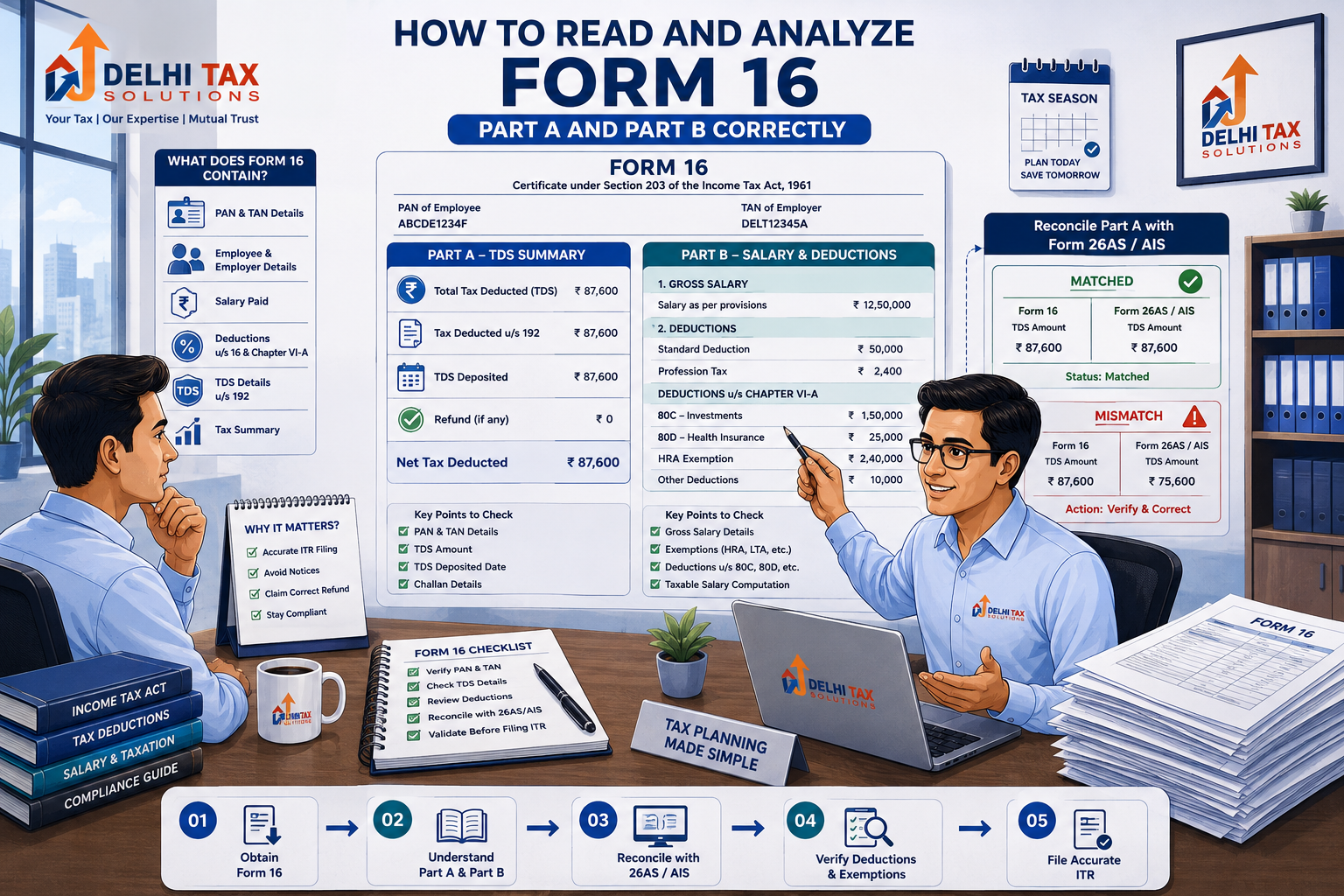 Indian taxpayer reviewing Form 16 Part A and Part B with a Chartered Accountant, including TDS, salary, deductions, Form 26AS and AIS reconciliation