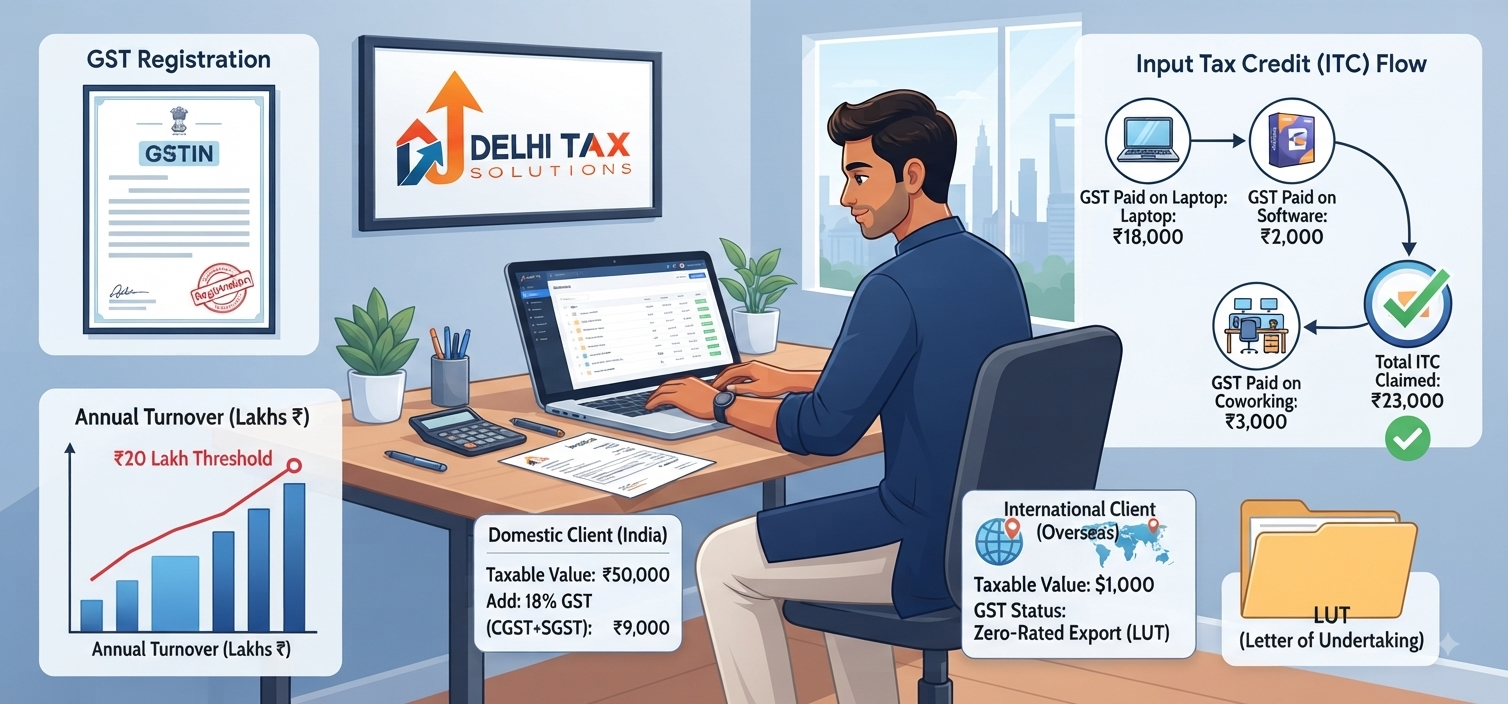 GST for freelancers in India showing ₹20 lakh threshold, 18% GST, LUT for exports and input tax credit
