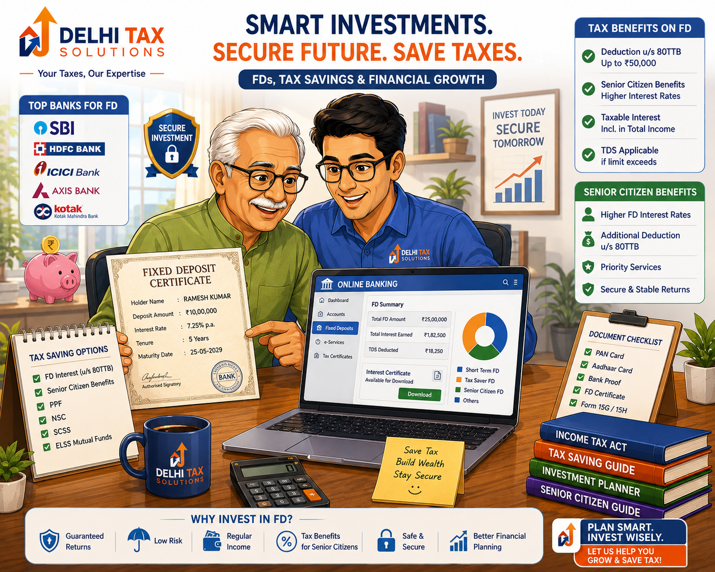 Cartoon illustration of Indian taxpayers filling out Form 15G and Form 15H to avoid TDS on fixed deposit interest.