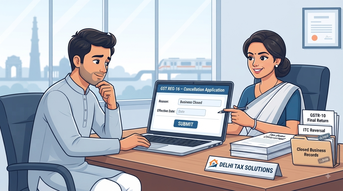 GST registration cancellation process showing Form REG-16, GSTR-10 final return, input tax credit reversal and CA guidance