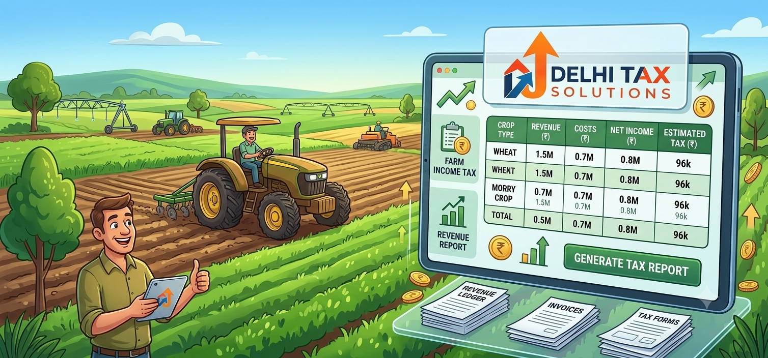 Cartoon illustration of agricultural farmland and tax calculation documents.