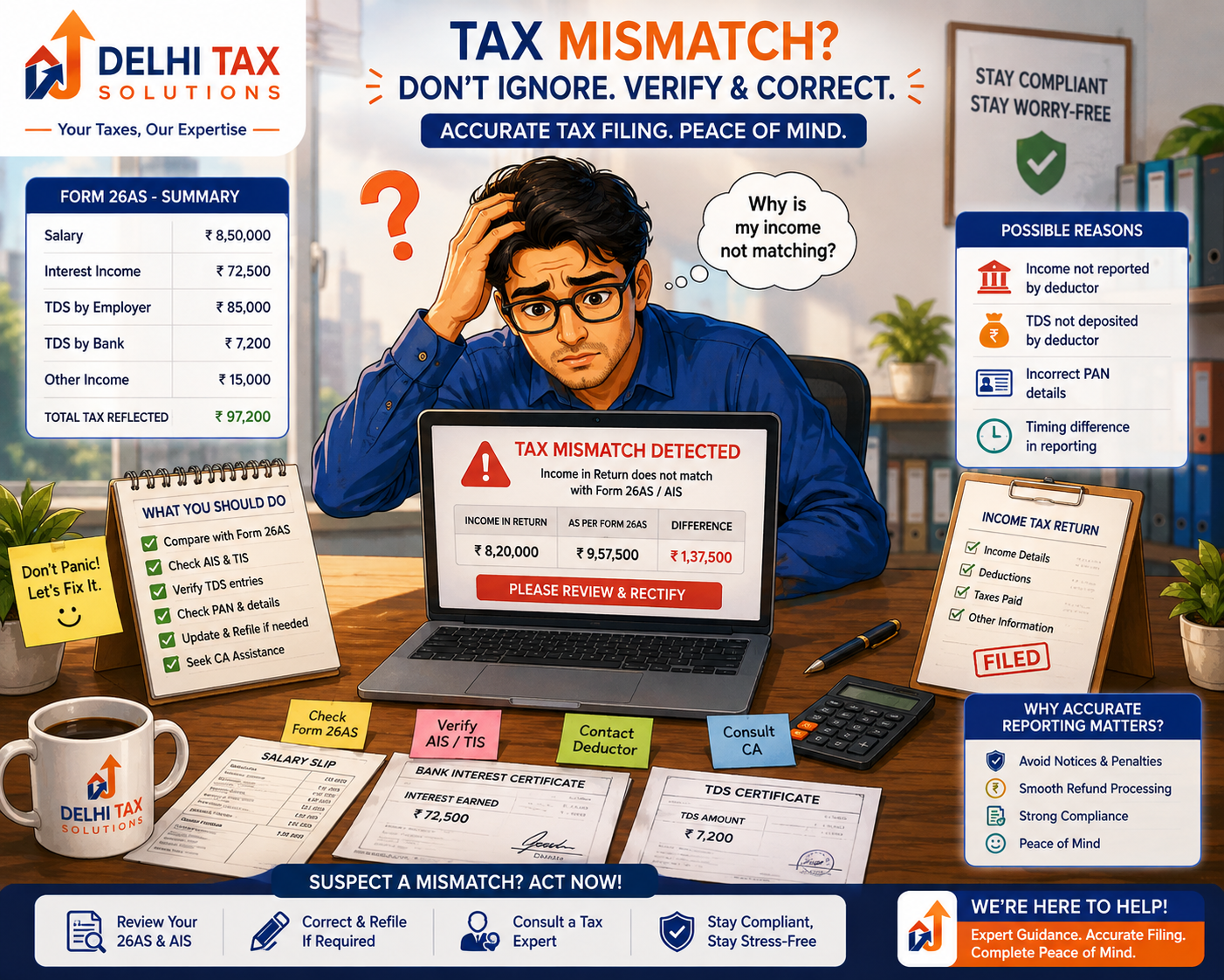 Cartoon illustration of an Indian taxpayer reviewing an income tax notice and compliance requirements.