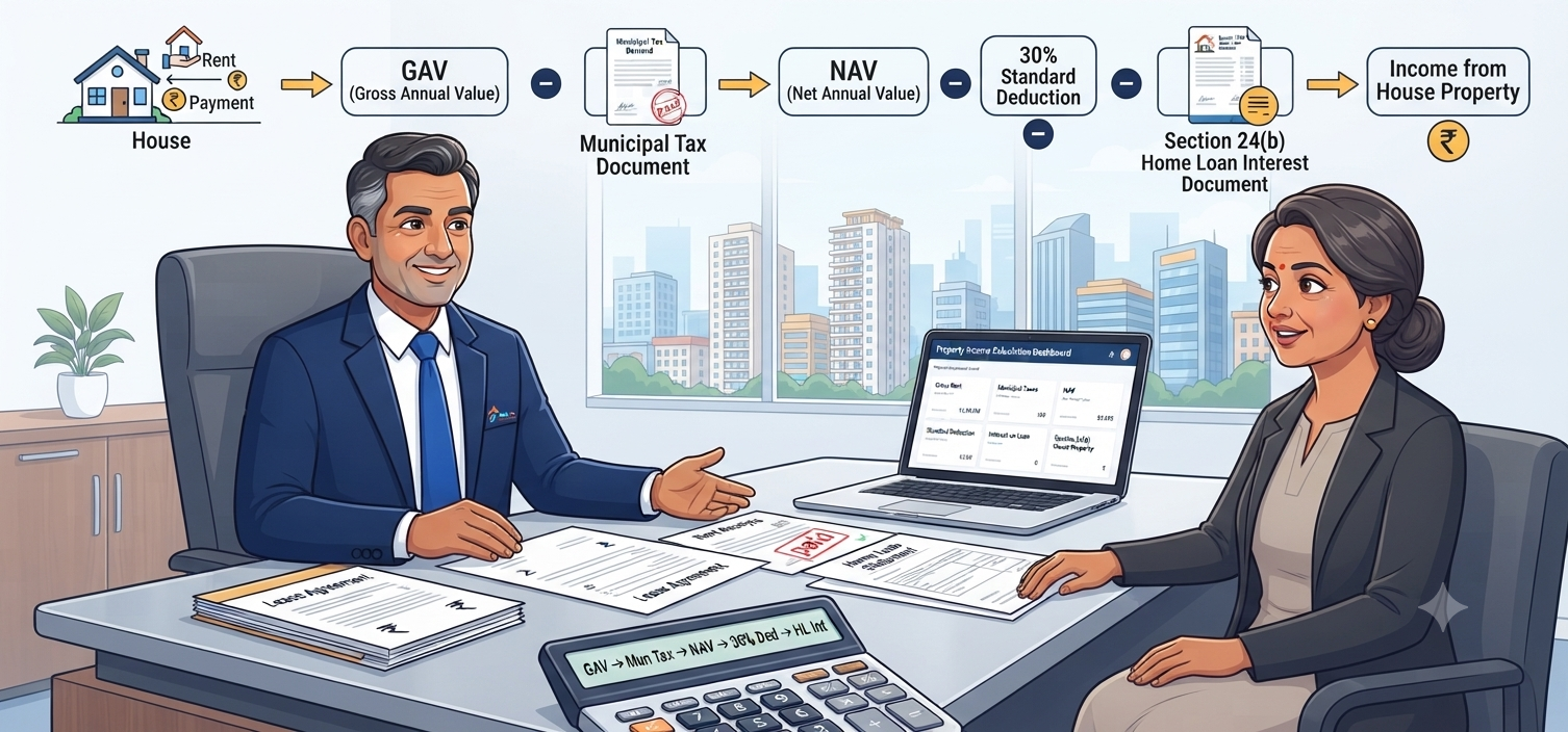 CA explaining let-out property income calculation, municipal tax deduction, 30% standard deduction and home loan interest under Section 24