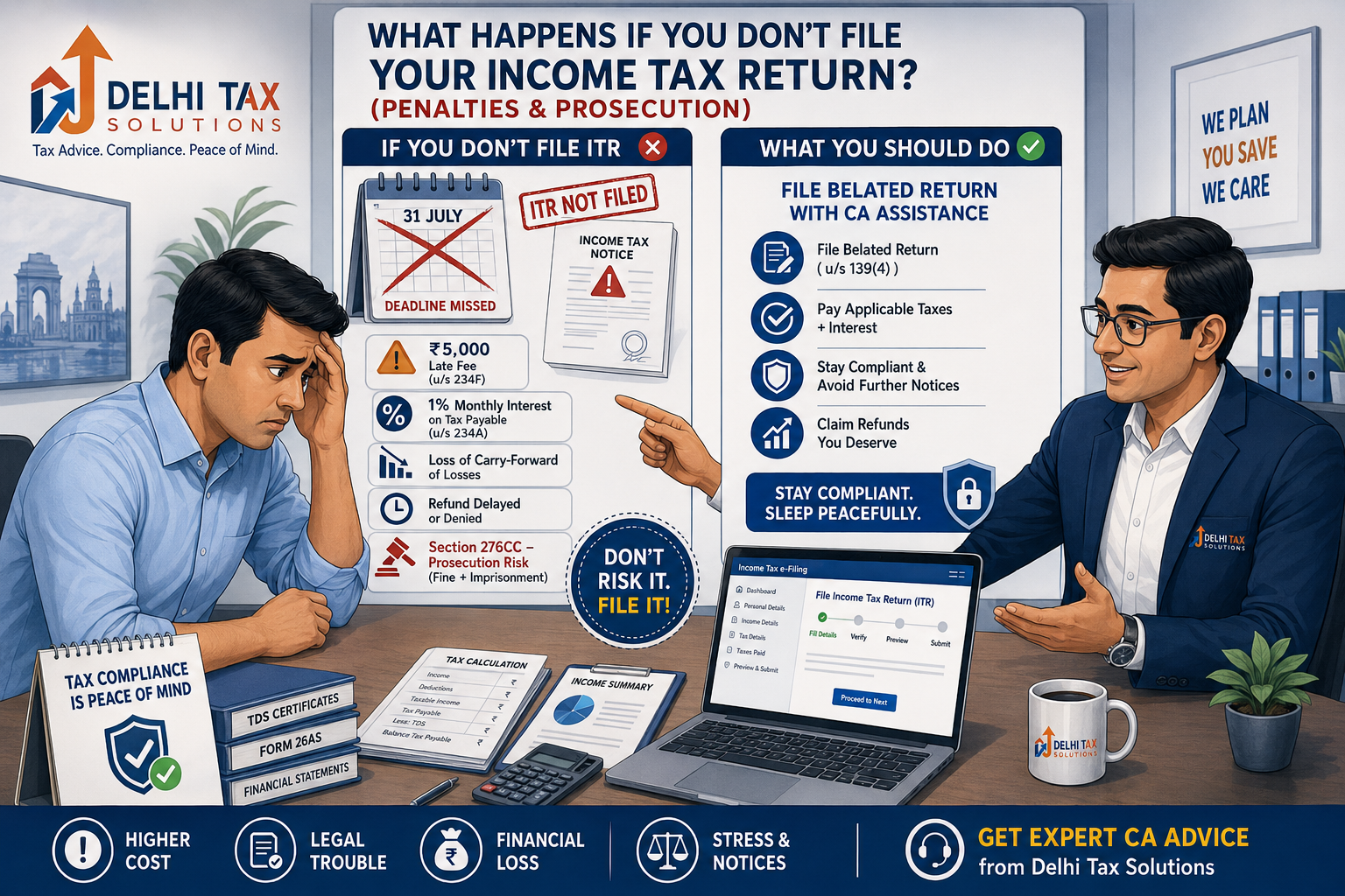 Indian taxpayer discussing ITR non-filing penalties, late fees, tax interest, refund delays, loss carry-forward and prosecution risks with a Chartered Accountant