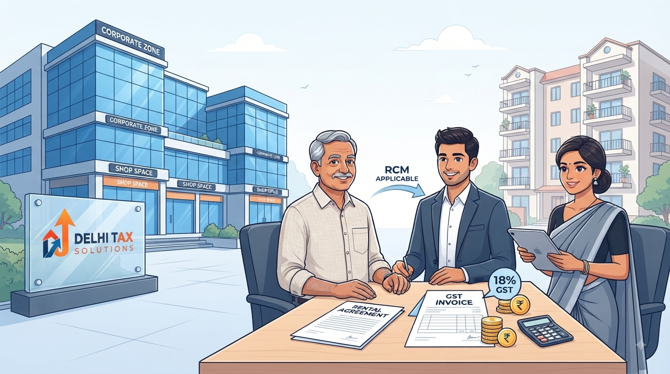 GST on rental income in India showing commercial rent, residential rent, 18% GST and reverse charge rules