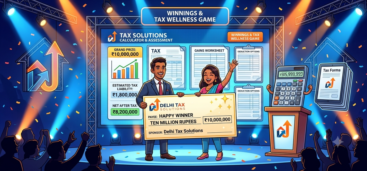 Cartoon illustration of game show prize winnings and tax calculation documents.