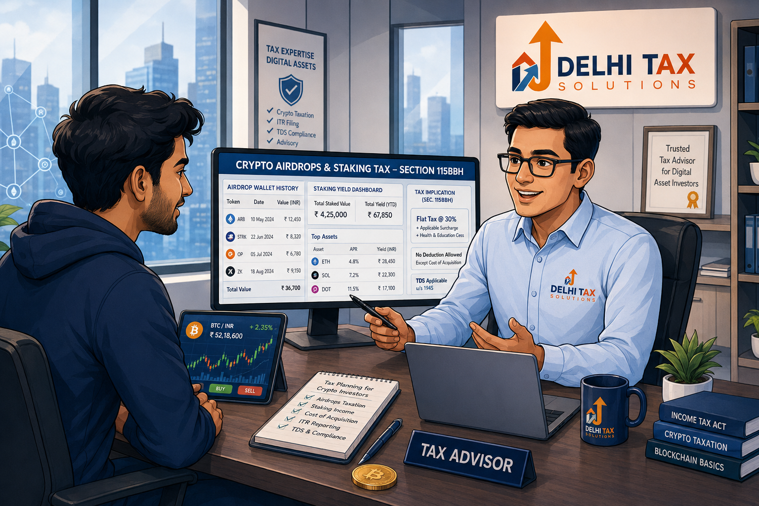 Cartoon illustration of an Indian crypto investor consulting a Delhi Tax Solutions advisor about airdrop and staking tax compliance.
