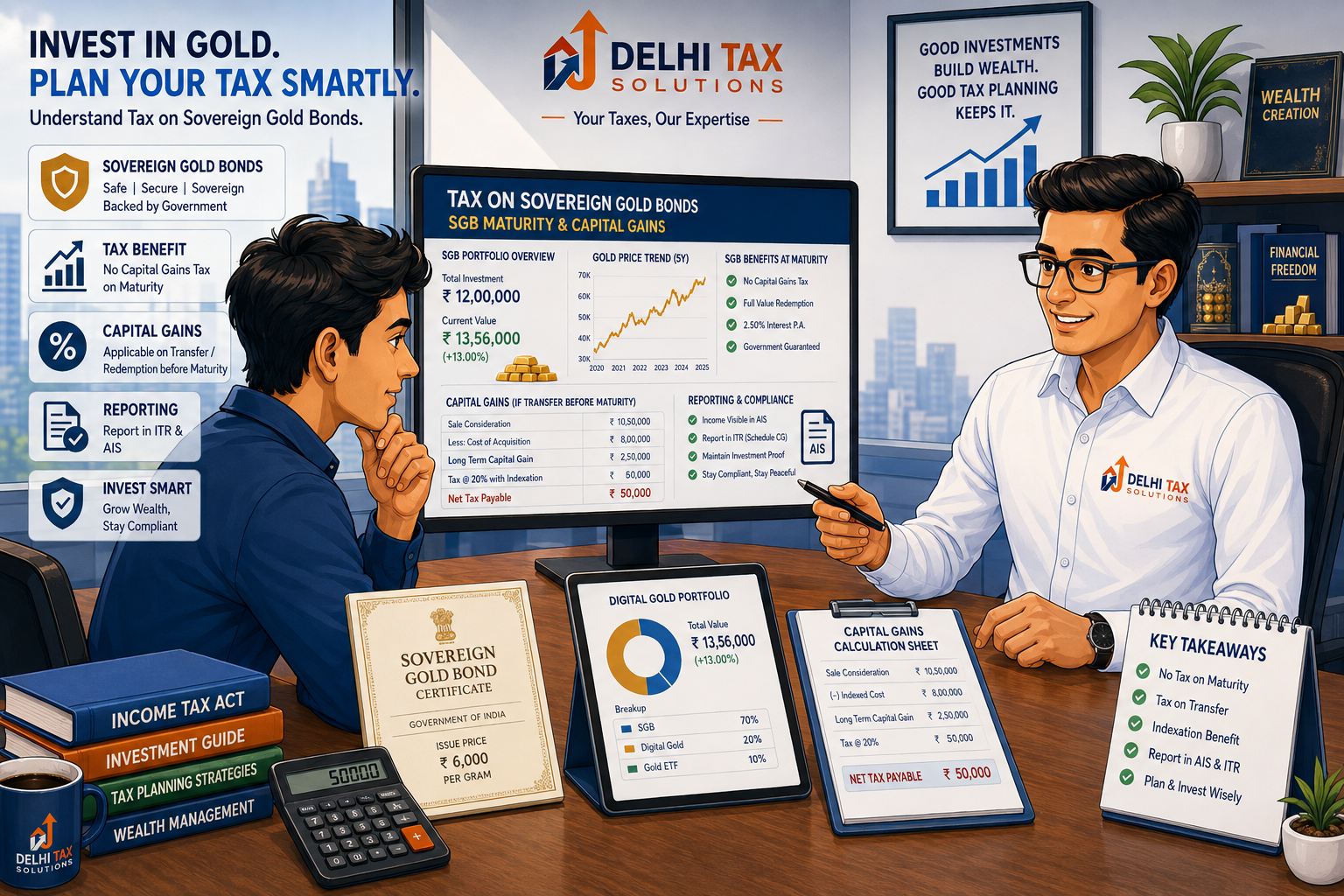Cartoon illustration of an Indian investor consulting a Delhi Tax Solutions advisor about Sovereign Gold Bonds tax, maturity exemption, and physical gold capital gains.