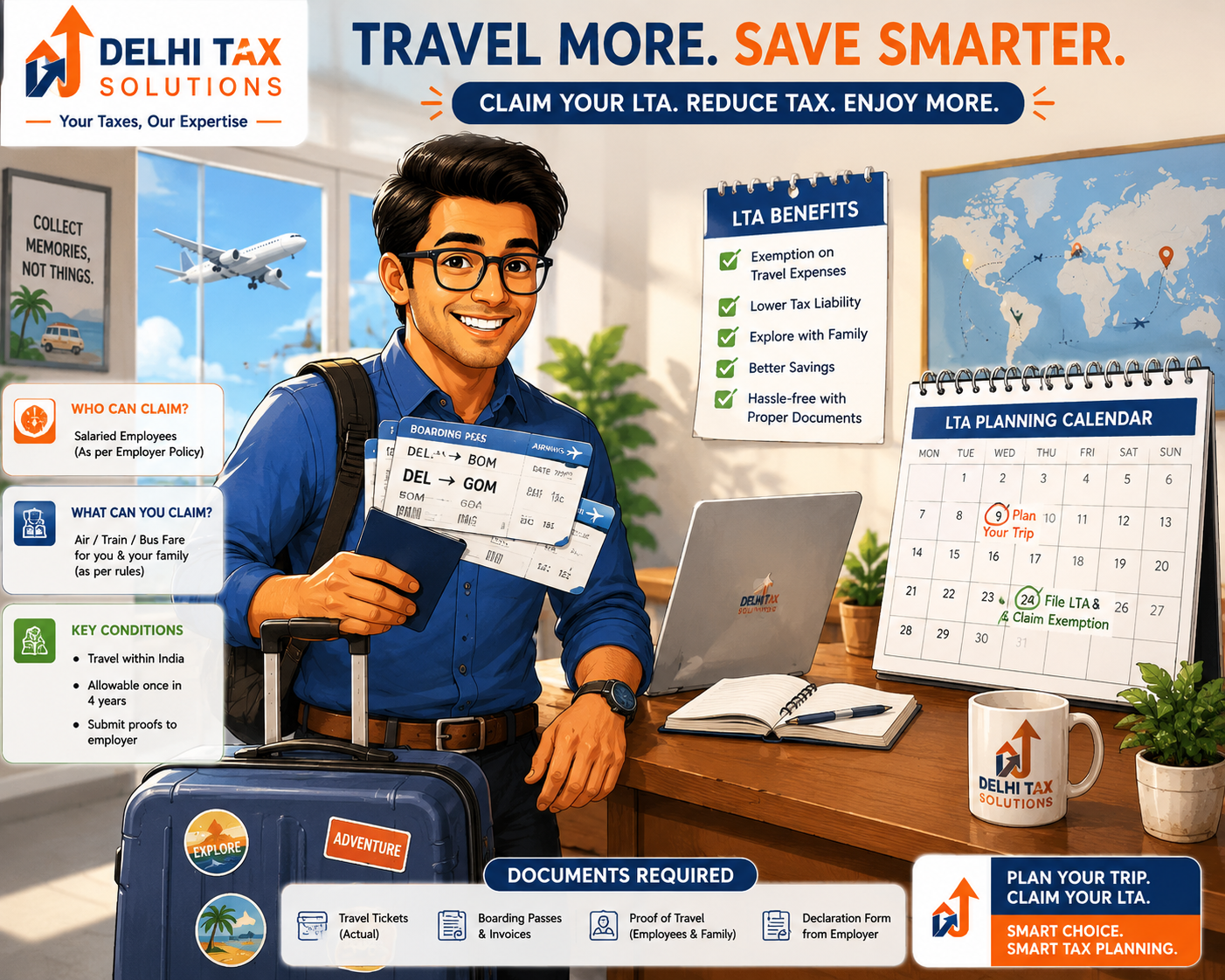 Cartoon illustration of an Indian professional organizing travel tickets and documents for LTA exemption claims.