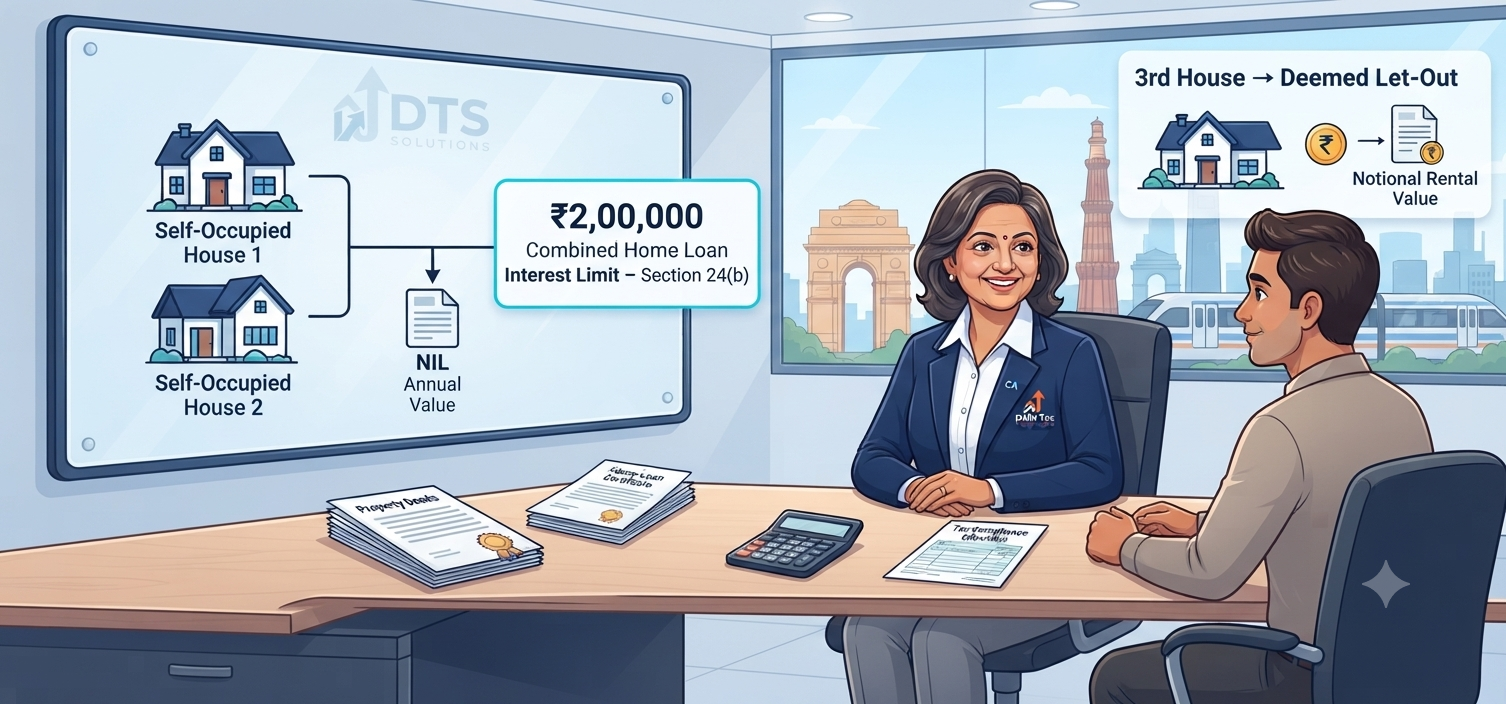 Tax rules for owning two self-occupied houses in India showing NIL annual value, ?2 lakh combined home loan interest limit, and deemed let-out treatment for additional properties.