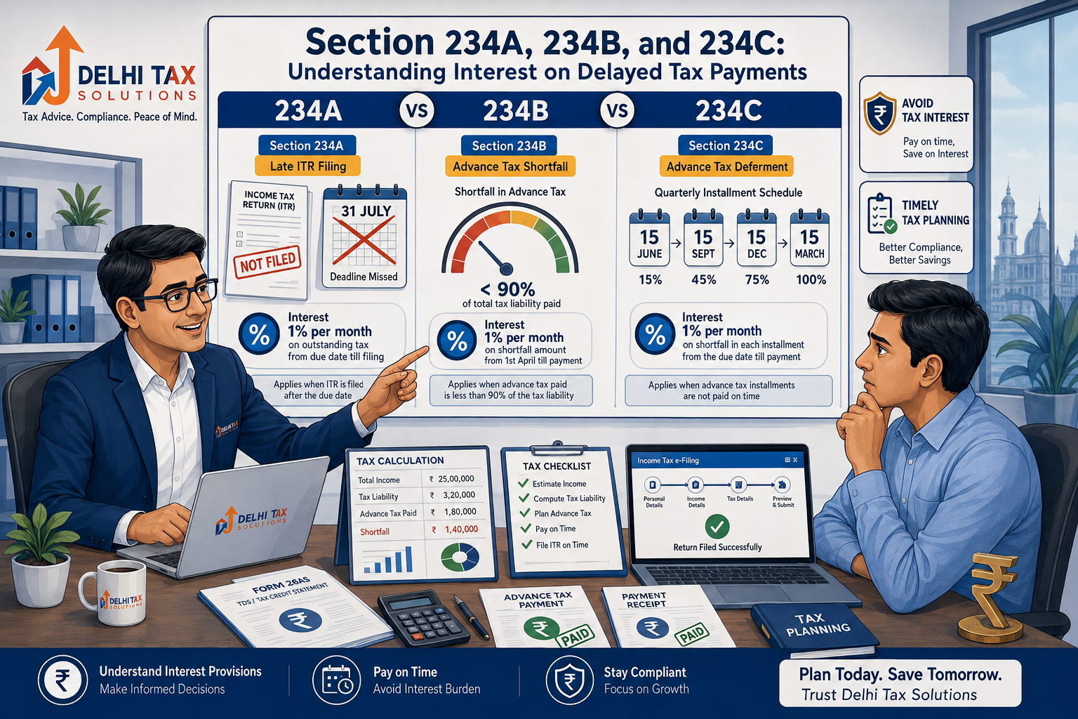 Indian CA explaining Section 234A, 234B and 234C tax interest for late ITR filing and advance tax shortfalls