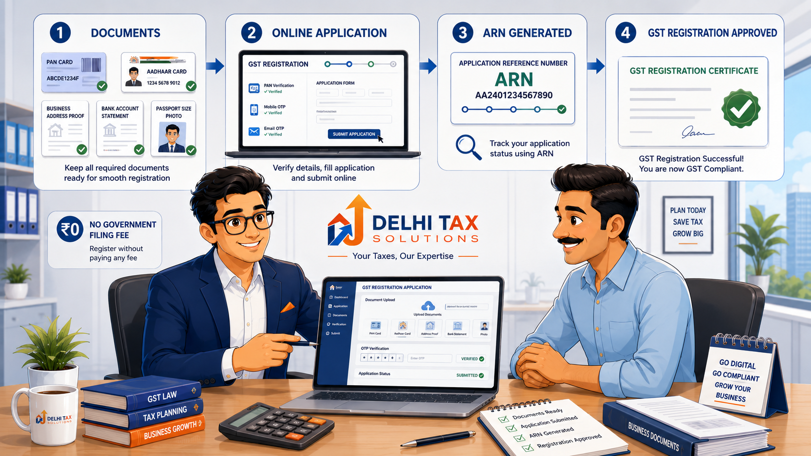 GST registration process online showing documents, digital application, ARN tracking and GST certificate approval
