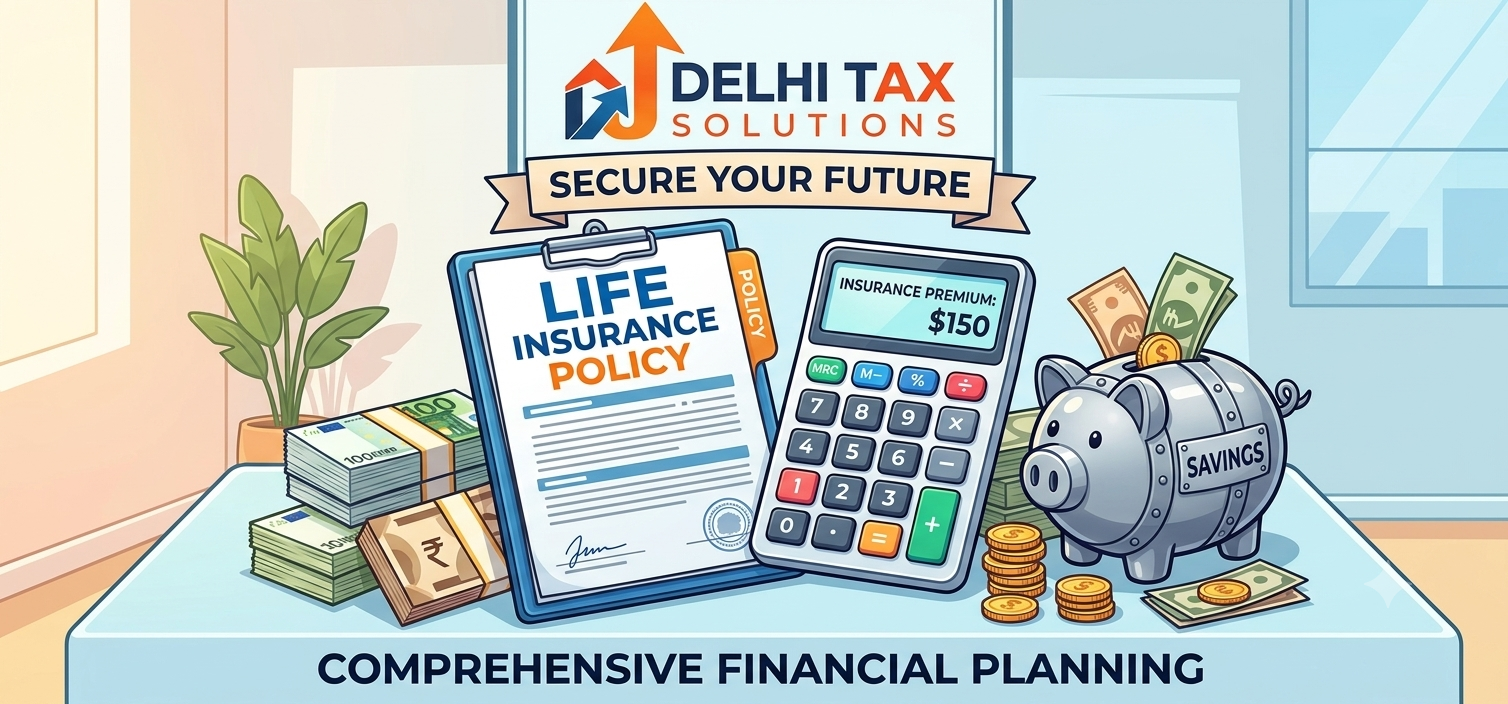 Cartoon illustration of life insurance policy documents and tax calculation files.