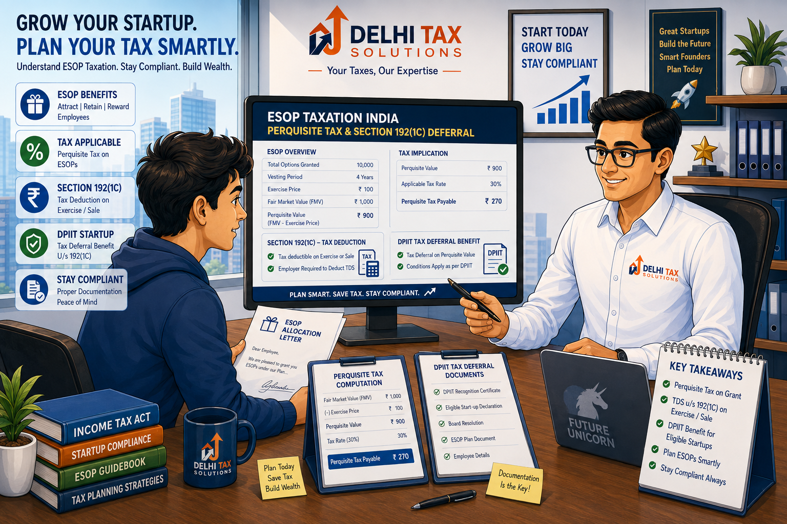 Cartoon illustration of an Indian startup employee consulting a Delhi Tax Solutions advisor about ESOP taxation, perquisite value, and DPIIT tax deferral.