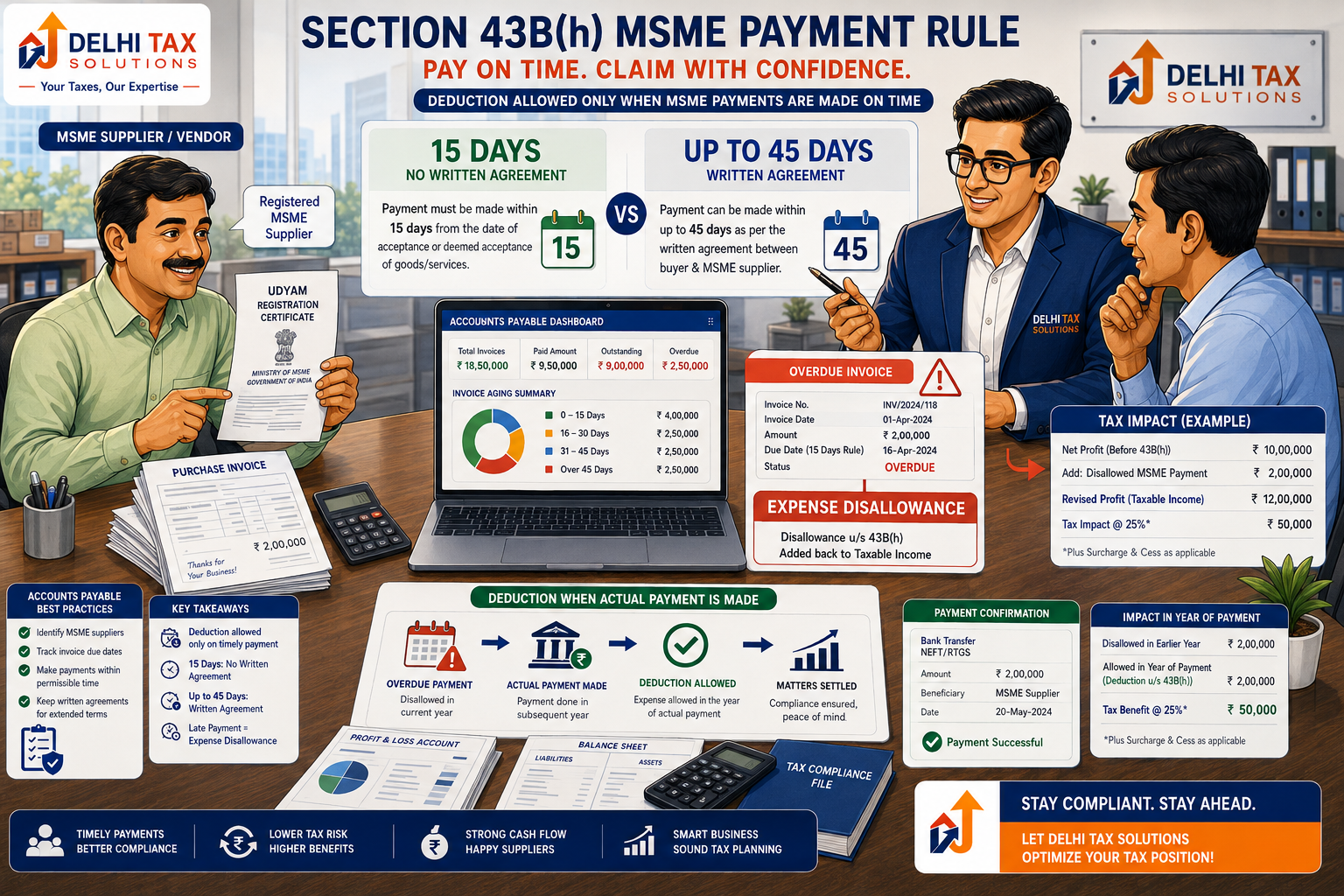 CA explaining Section 43B(h) MSME payment deadlines, expense disallowance, Udyam registration, and 15 or 45 day payment rules
