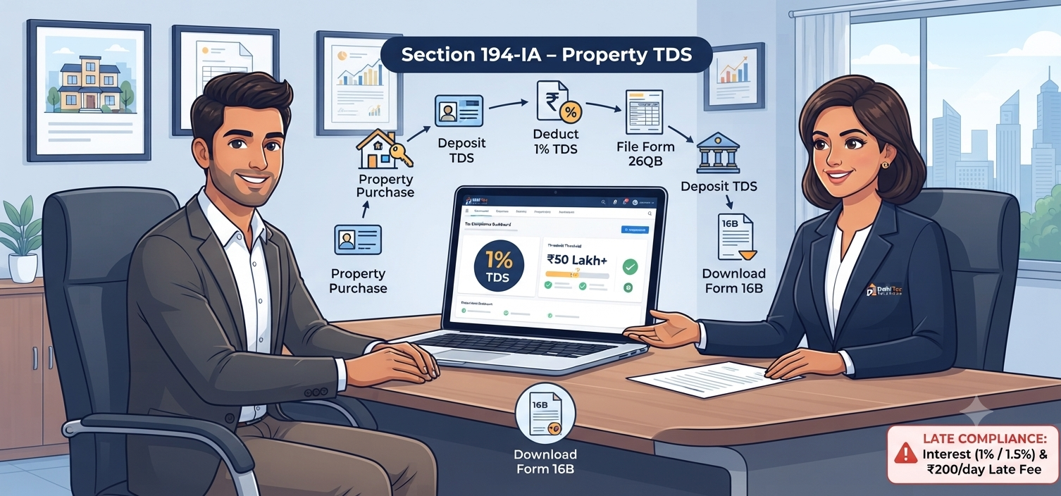 Indian homebuyer consulting a CA about Section 194-IA property TDS, 1% deduction, Form 26QB, and Form 16B compliance