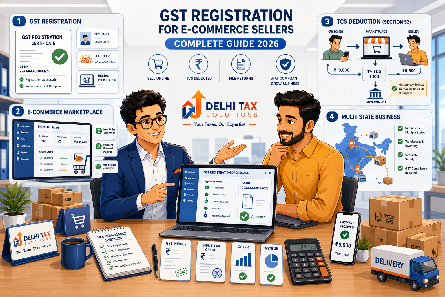 GST registration for e-commerce sellers showing online marketplace sales, TCS deduction, GST compliance and multi-state operations