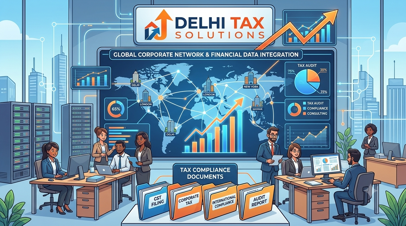 Cartoon illustration of global corporate networks and tax compliance documents.