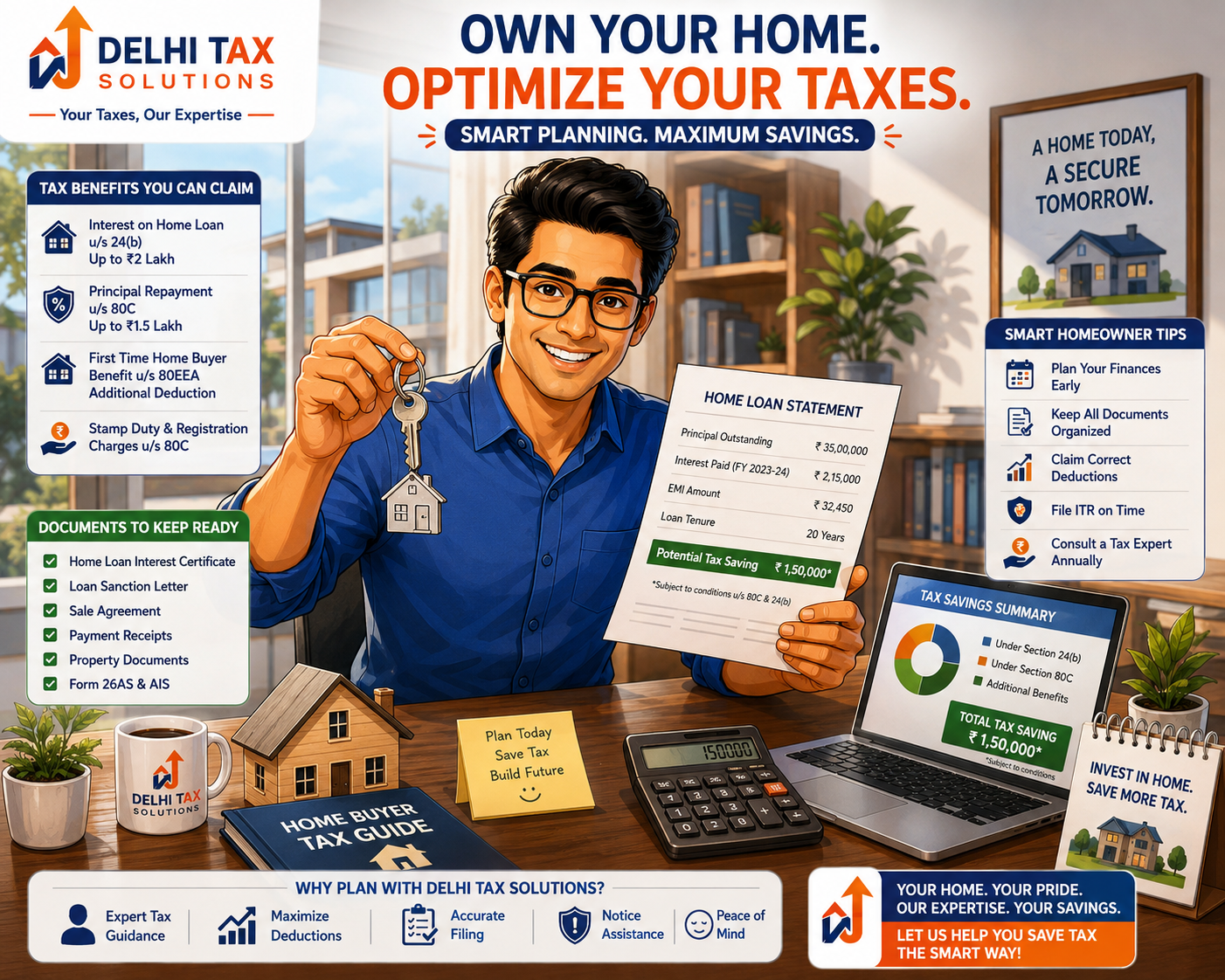 Cartoon illustration of an Indian homeowner calculating tax deductions on home loan interest and principal.