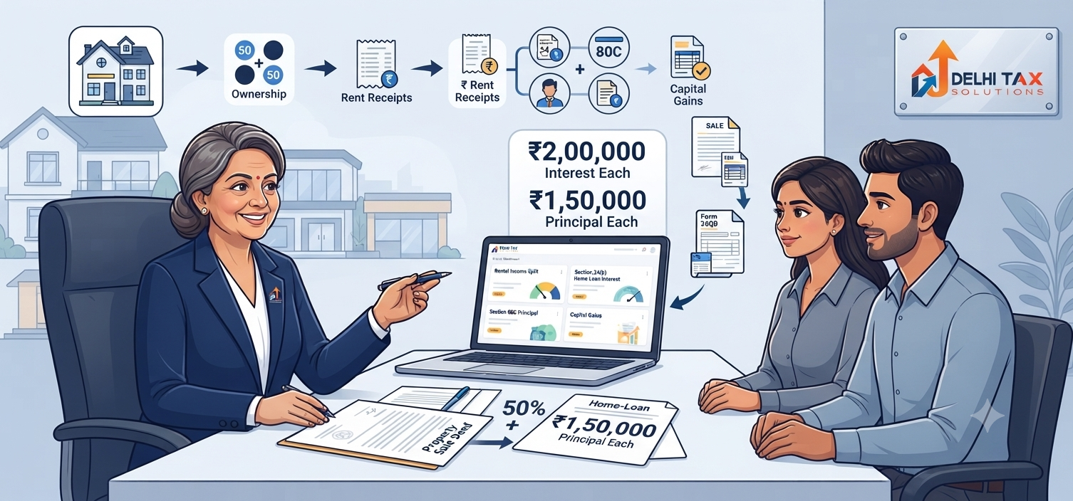 Indian couple consulting a Chartered Accountant about tax on jointly owned property, rental income, home loan deductions and capital gains
