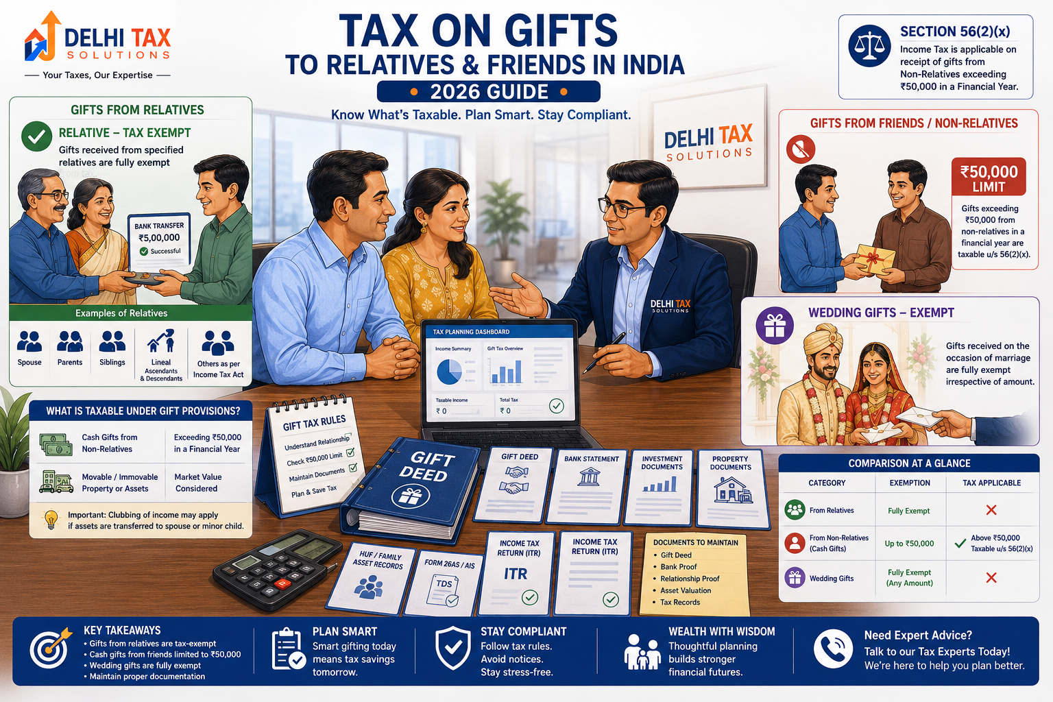 Tax on gifts to relatives and friends in India showing ?50,000 limit, family exemptions, wedding gifts, and gift deed documentation.