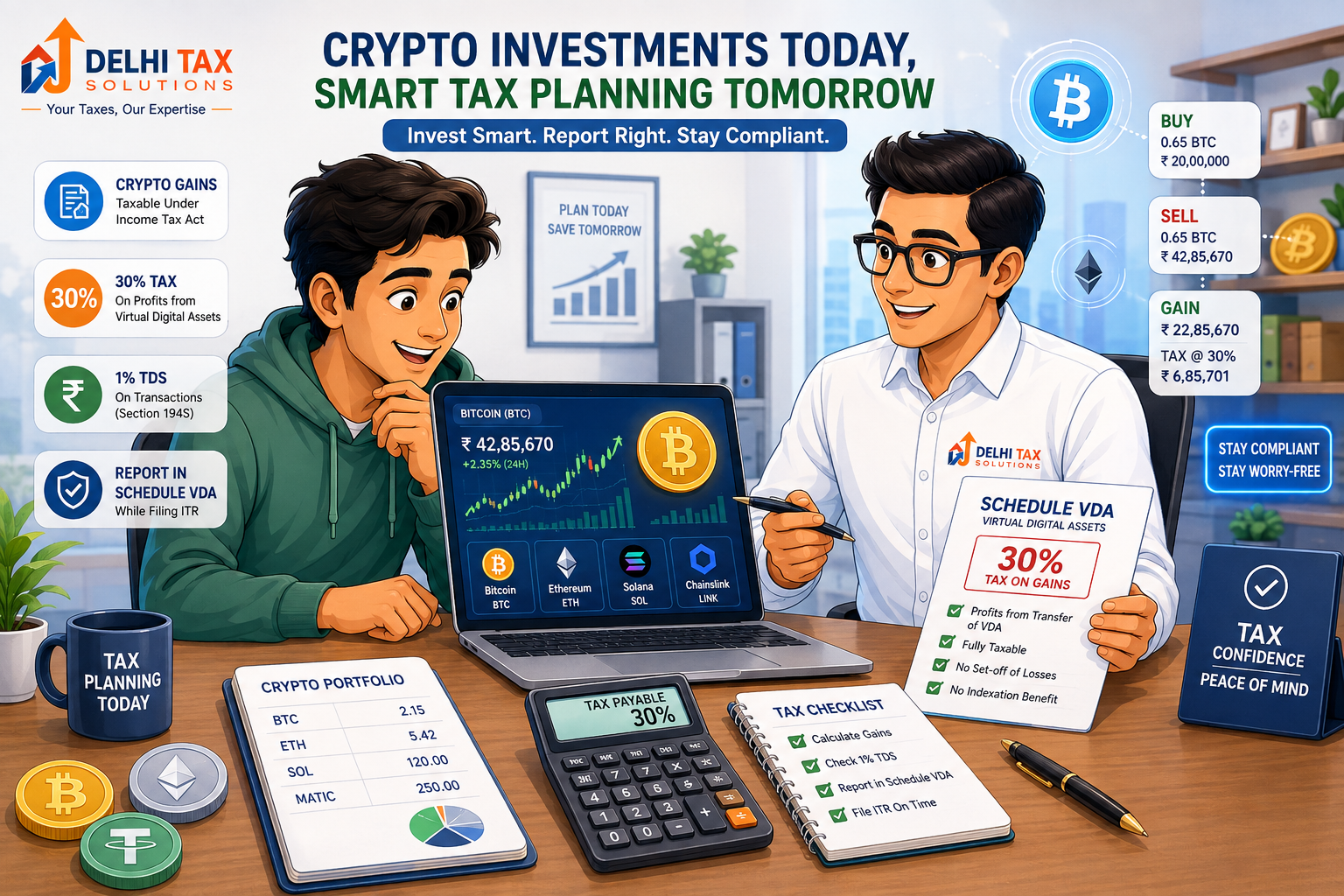 Cartoon illustration of an Indian crypto trader calculating VDA taxes with an expert advisor from Delhi Tax Solutions in a modern office setting.