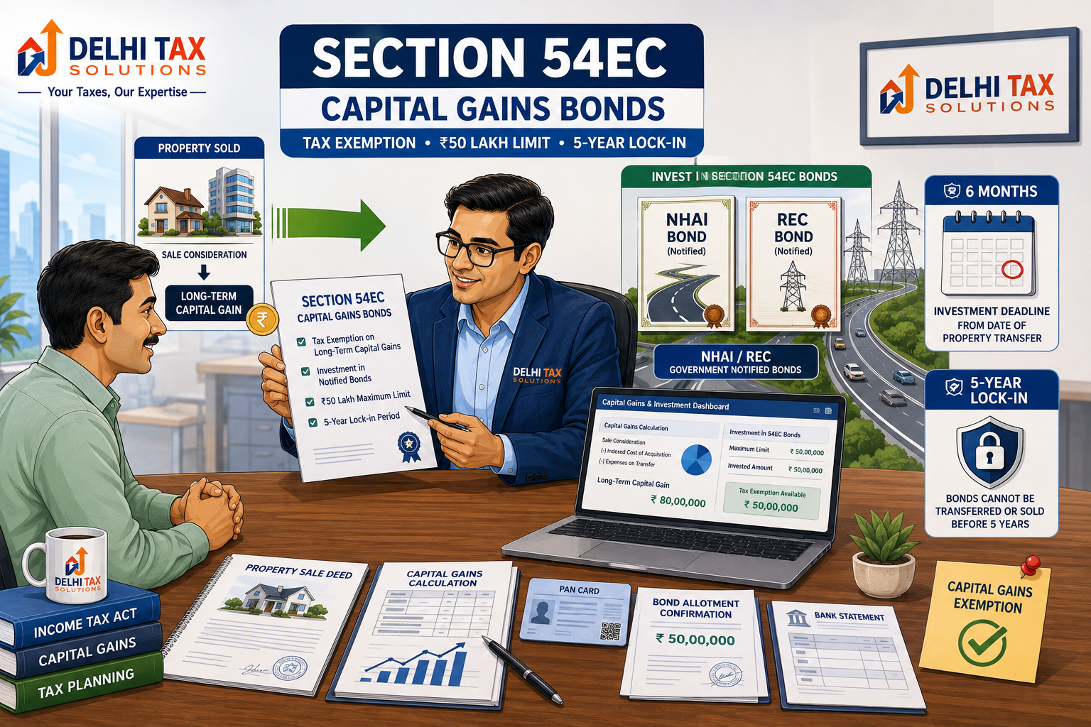 CA explaining Section 54EC capital gains bonds, ?50 lakh investment limit, 6-month reinvestment period and 5-year lock-in for property sellers