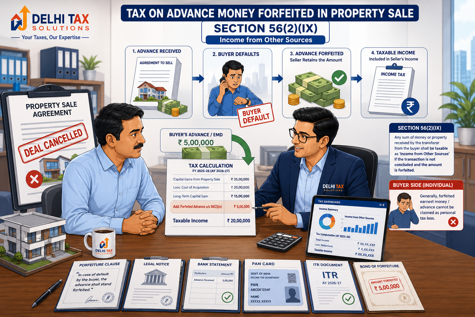 CA explaining tax treatment of forfeited property advance money under Section 56(2)(ix) as income from other sources