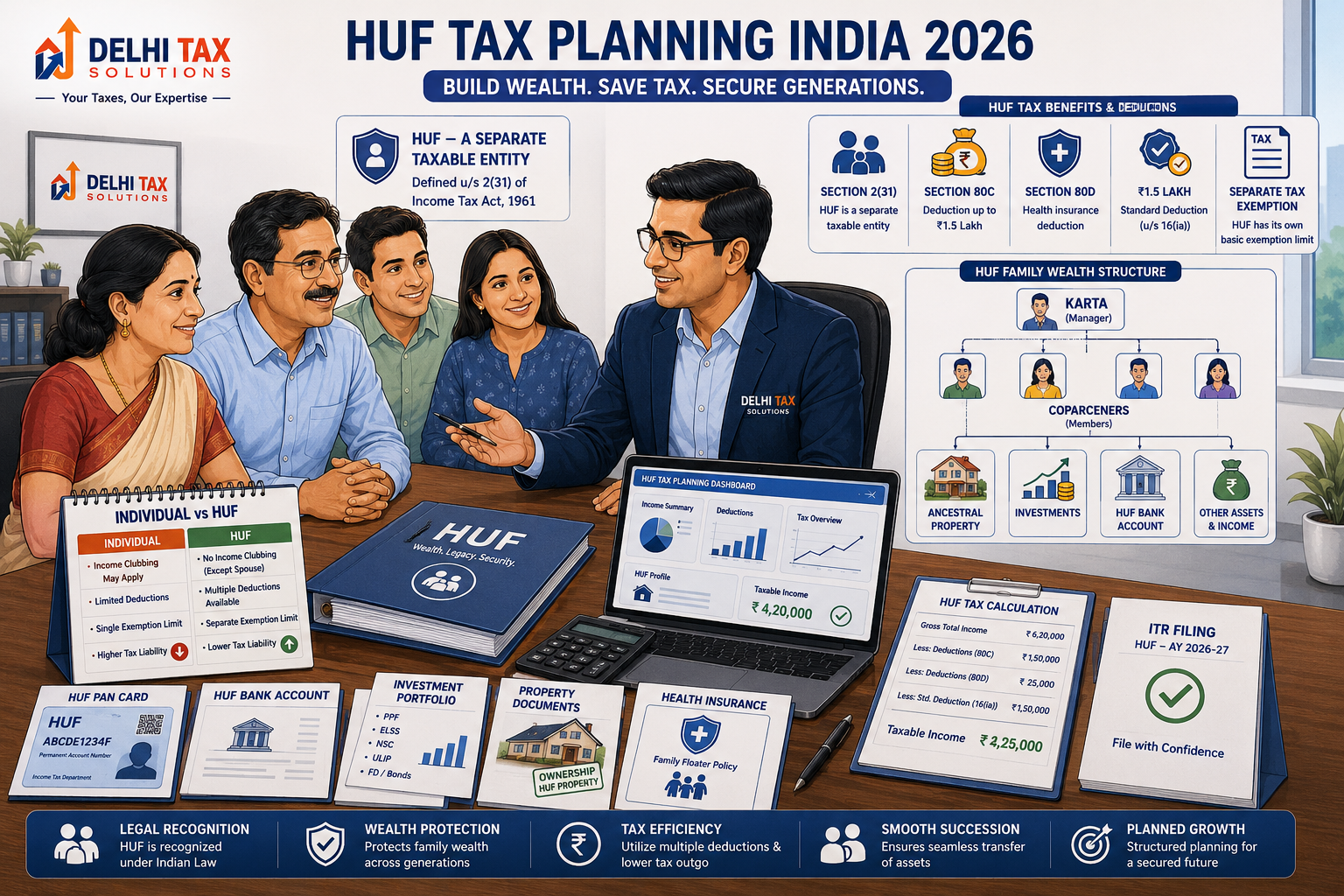 HUF tax planning in India showing a Chartered Accountant explaining HUF PAN, separate tax exemption, deductions, and family wealth management to an Indian family.