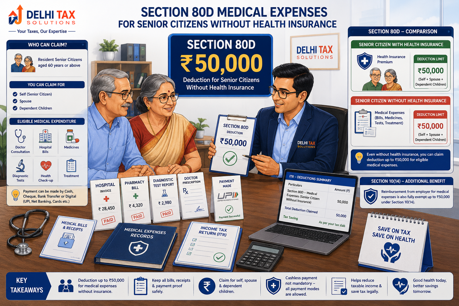 Section 80D medical expense deduction for uninsured senior citizens showing the ?50,000 deduction limit, medical bills, and digital payment records.